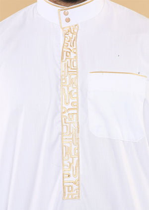 Men's Thobe Jubba Nehru Islamic Clothing Muslim Cotton Kaftan Embroidery Eid Robe - White - Thobez - 12
