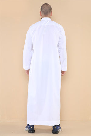 Men's Thobe Jubba Nehru Islamic Clothing Muslim Cotton Kaftan Embroidery Eid Robe - White - Thobez - 14