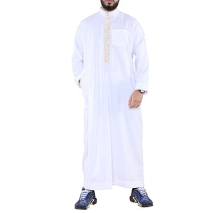 Men's Thobe Jubba Nehru Islamic Clothing Muslim Cotton Kaftan Embroidery Eid Robe - White - Thobez - 8
