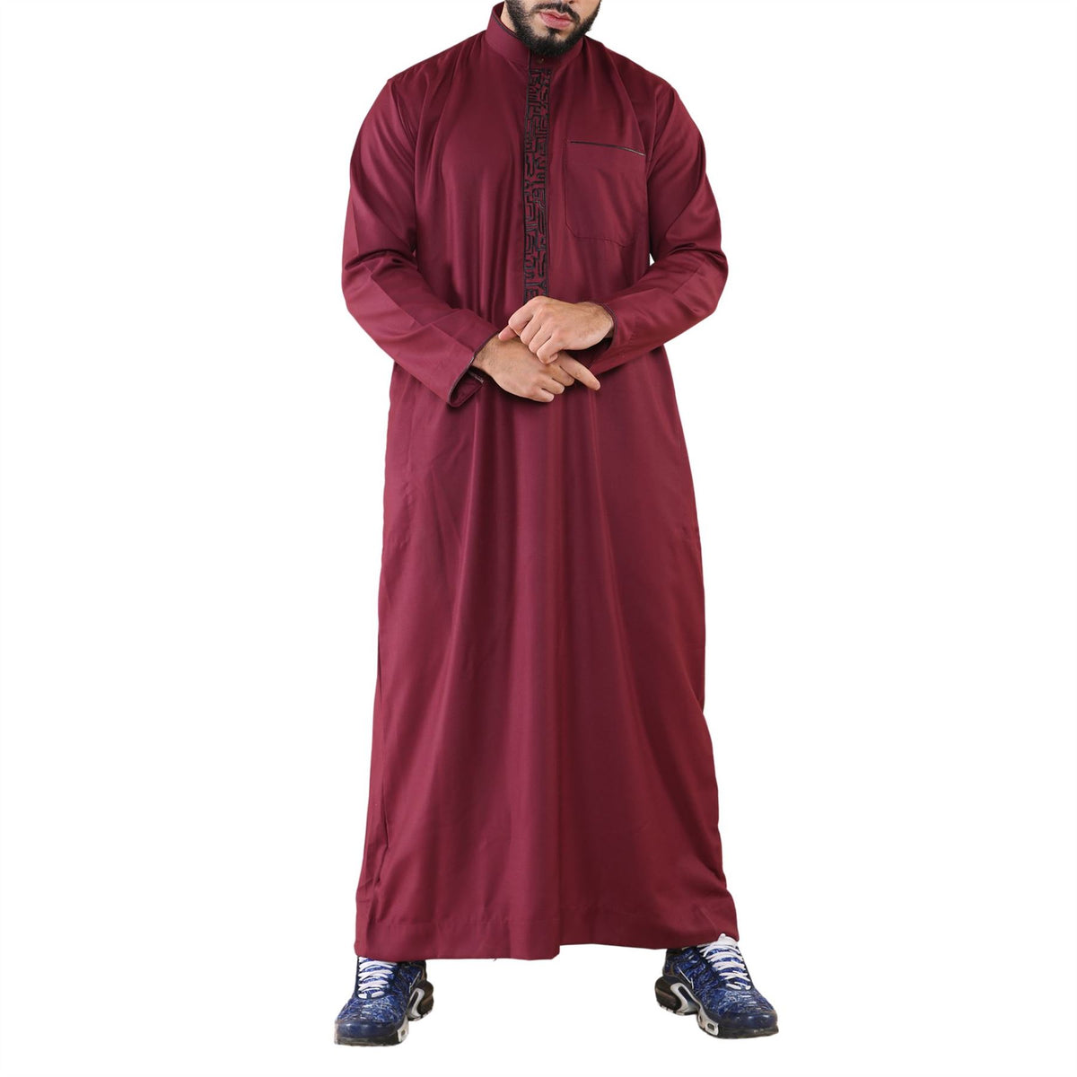 Men's Thobe Jubba Nehru Islamic Clothing Muslim Cotton Kaftan Embroidery Eid Robe - Wine - Thobez - 1