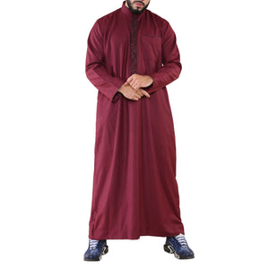 Men's Thobe Jubba Nehru Islamic Clothing Muslim Cotton Kaftan Embroidery Eid Robe - Wine - Thobez - 1