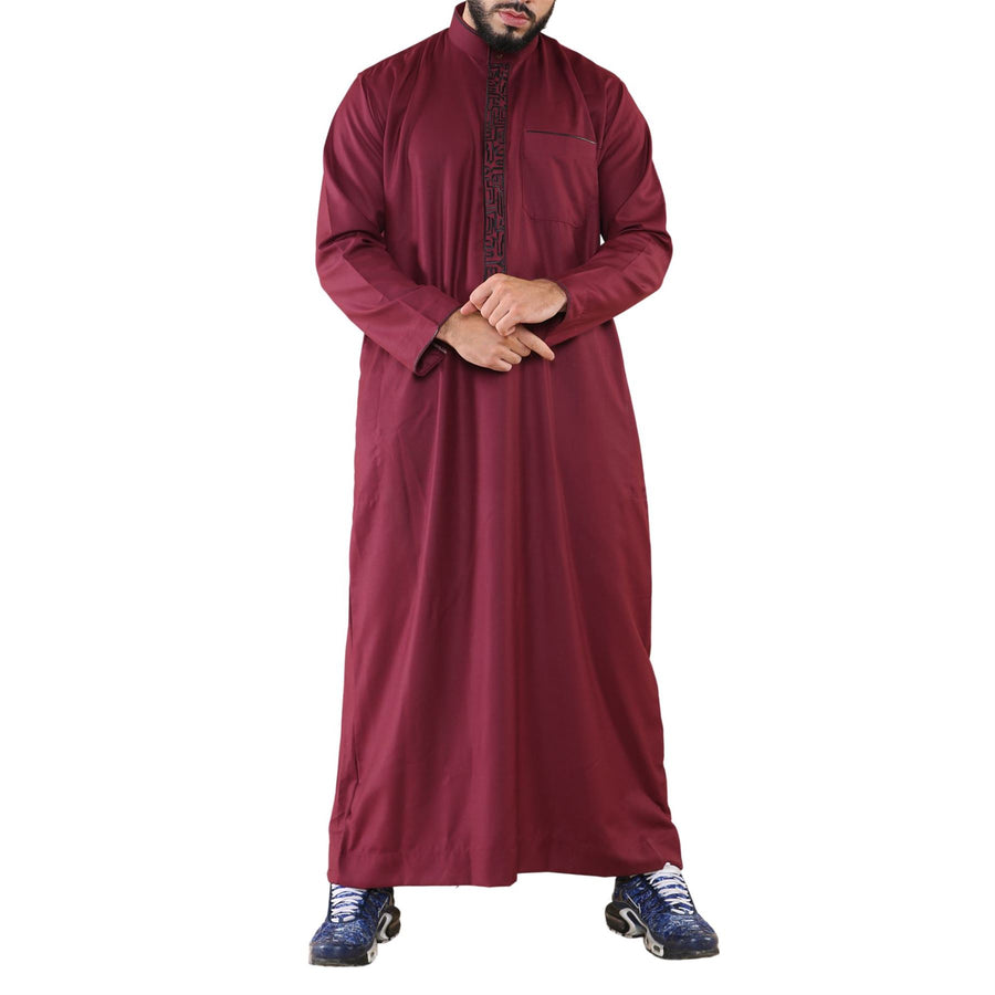 Men's Thobe Jubba Nehru Islamic Clothing Muslim Cotton Kaftan Embroidery Eid Robe - Wine - Thobez - 1