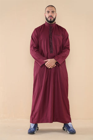 Men's Thobe Jubba Nehru Islamic Clothing Muslim Cotton Kaftan Embroidery Eid Robe - Wine - Thobez - 3