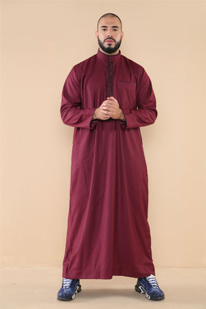 Men's Thobe Jubba Nehru Islamic Clothing Muslim Cotton Kaftan Embroidery Eid Robe - Wine - Thobez - 4