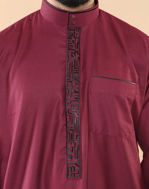 Men's Thobe Jubba Nehru Islamic Clothing Muslim Cotton Kaftan Embroidery Eid Robe - Wine - Thobez - 5