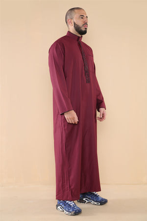 Men's Thobe Jubba Nehru Islamic Clothing Muslim Cotton Kaftan Embroidery Eid Robe - Wine - Thobez - 6