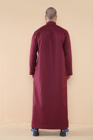 Men's Thobe Jubba Nehru Islamic Clothing Muslim Cotton Kaftan Embroidery Eid Robe - Wine - Thobez - 7