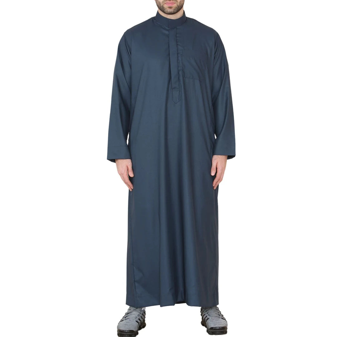 Męski thobe jubba z kołnierzem stójką Nehru odzież islamska muzułmański kaftan szata saudyjska - Granatowy - Thobez - 1
