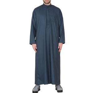 Męski thobe jubba z kołnierzem stójką Nehru odzież islamska muzułmański kaftan szata saudyjska - Granatowy - Thobez - 1