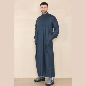 Męski thobe jubba z kołnierzem stójką Nehru odzież islamska muzułmański kaftan szata saudyjska - Granatowy - Thobez - 3