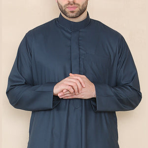 Męski thobe jubba z kołnierzem stójką Nehru odzież islamska muzułmański kaftan szata saudyjska - Granatowy - Thobez - 5