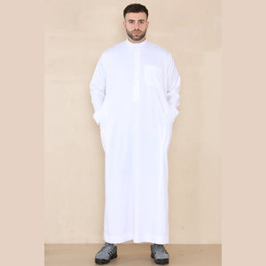 Męski thobe jubba z kołnierzem stójką Nehru odzież islamska muzułmański kaftan szata saudyjska - Biały - Thobez - 10
