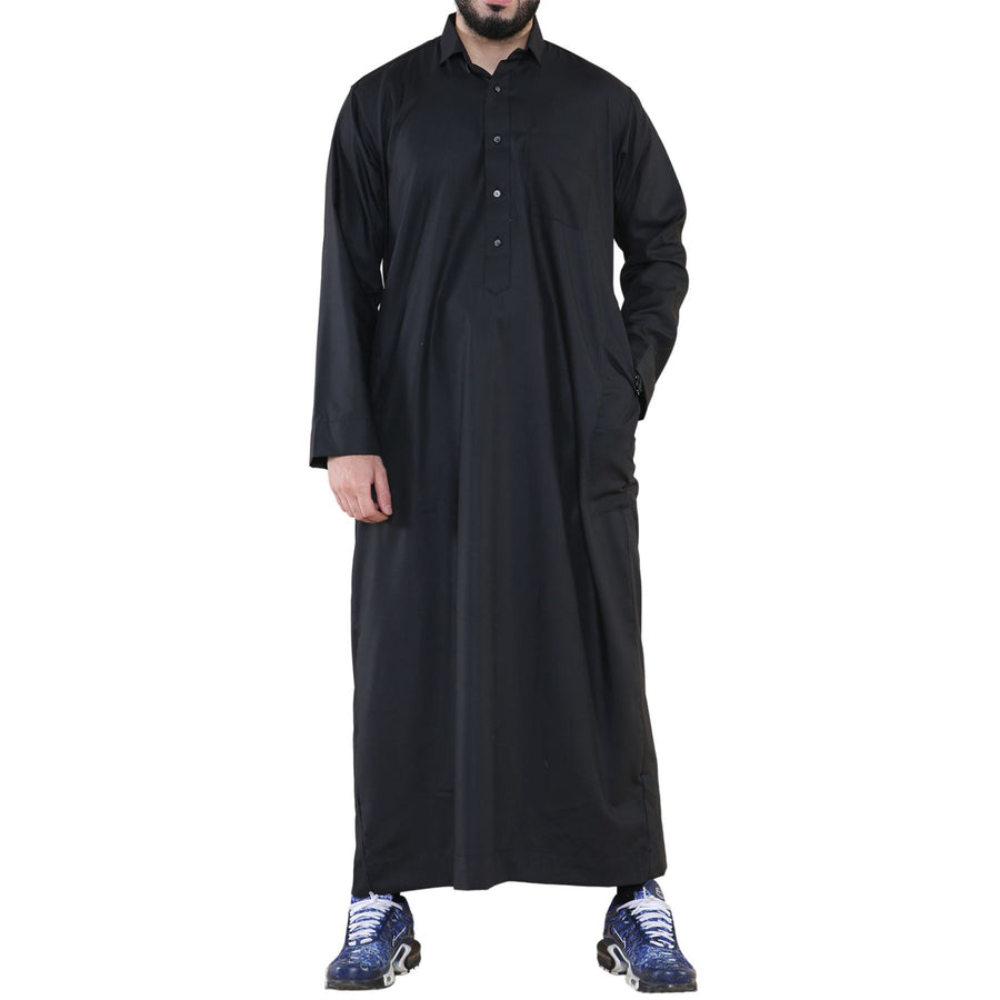 Men's Thobe Jubba Turn Down Collar Islamic Muslim Cotton Kaftan Dress Robe Arabic - Black - Thobez - 1
