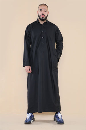 Męska thobe jubba z kołnierzem wykładanym muzułmańska bawełniana kaftan szata arabska - Czarny - Thobez - 3
