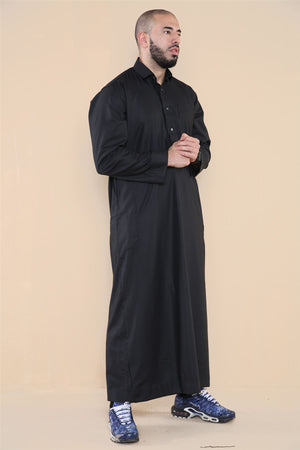 Męska thobe jubba z kołnierzem wykładanym muzułmańska bawełniana kaftan szata arabska - Czarny - Thobez - 5