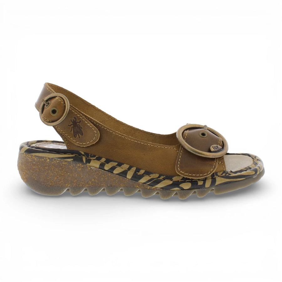 Damen-Sandalen aus kamelbraunem Leder mit Keilabsatz schlichter Stil bequeme - Fly London - 1