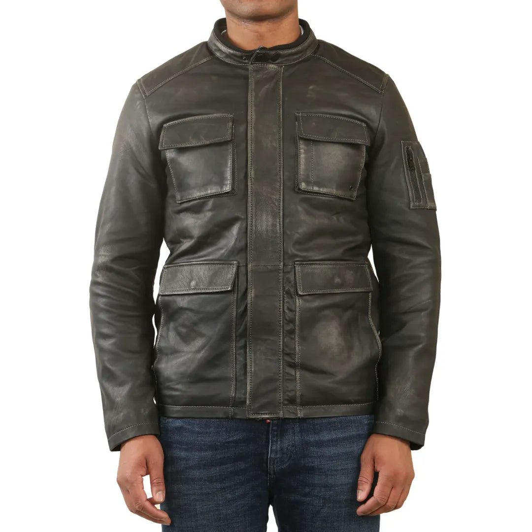 Men's Vintage Black Leather Safari Parka Jacket - Infinity Leather - 1