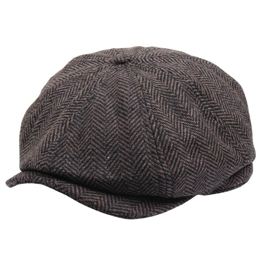 Herren Wollmischung Fischgrät Schiebermütze im Zeitungsjungenstil - Braun - TruClothing.com - 1