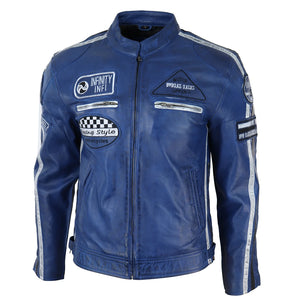 Veste en cuir pour homme style blouson de course biker avec fermeture éclair - Bleu - Infinity Leather - 17