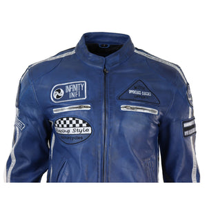 Veste en cuir pour homme style blouson de course biker avec fermeture éclair - Bleu - Infinity Leather - 18