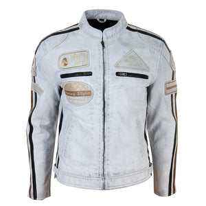 Veste en cuir pour homme style blouson de course biker avec fermeture éclair - Blanc - Infinity Leather - 34