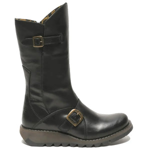 MES2913 - Women's Wedge Heel Buckle Mid Calf Leather Boots - Black - Fly London - 25
