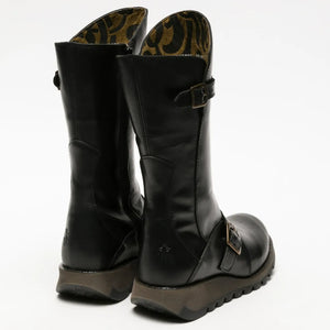 MES2913 - Women's Wedge Heel Buckle Mid Calf Leather Boots - Black - Fly London - 28