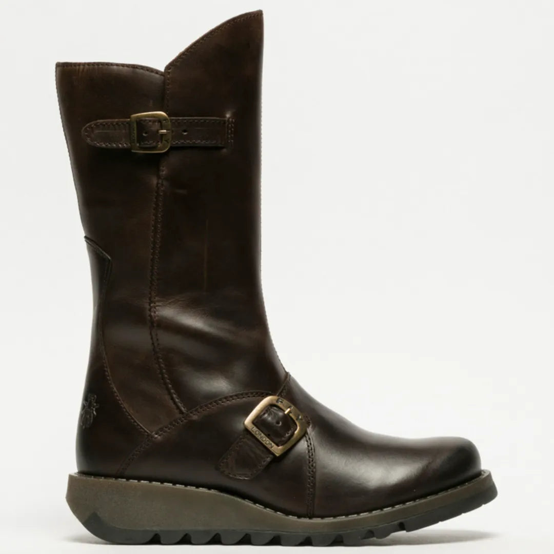 MES2913 - Women's Wedge Heel Buckle Mid Calf Leather Boots - Brown - Fly London - 1