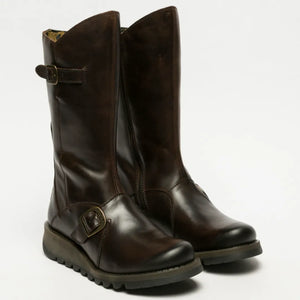 MES2913 - Women's Wedge Heel Buckle Mid Calf Leather Boots - Brown - Fly London - 2