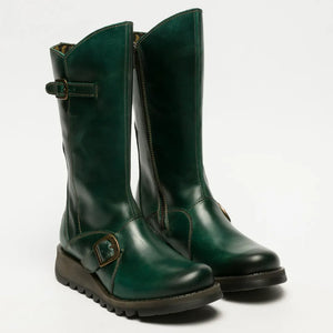 MES2913 - Women's Wedge Heel Buckle Mid Calf Leather Boots - Green - Fly London - 6
