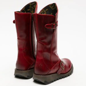 MES2913 - Women's Wedge Heel Buckle Mid Calf Leather Boots - Red - Fly London - 23