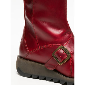 MES2913 - Women's Wedge Heel Buckle Mid Calf Leather Boots - Red - Fly London - 24