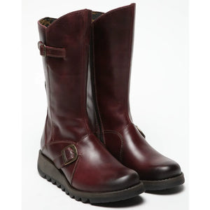 MES2913 - Women's Wedge Heel Buckle Mid Calf Leather Boots - Wine - Fly London - 12