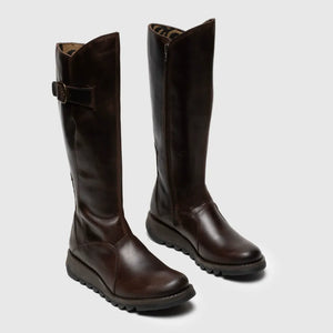MOL2 - Women's Wedge Heel Knee High Leather Boots - Brown - Fly London - 8