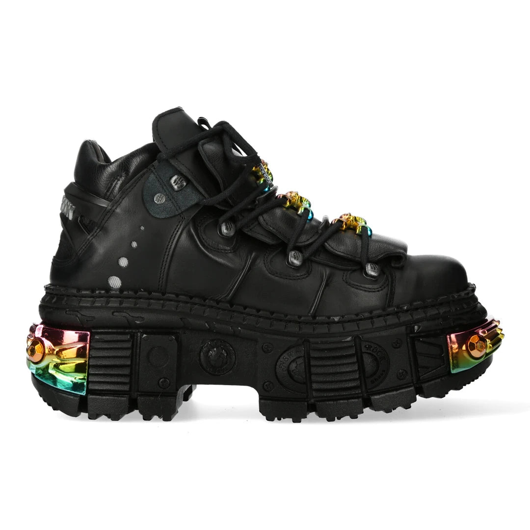 New Rock Boots WALL106-S23 Unisex Metallic Black Leather Platform Gothic Boots - New Rock - 1
