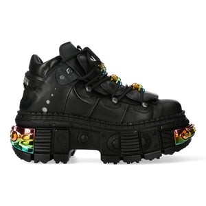 New Rock Boots WALL106-S23 Unisex Metallic Black Leather Platform Gothic Boots - New Rock - 1