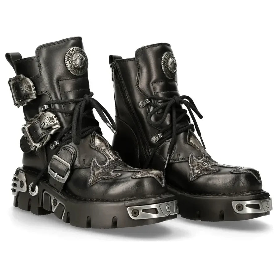 New Rock Hommes 407-S1 Argent Croix Noir Reactor Semelle Cuir Bottines Gothique - New Rock - 1