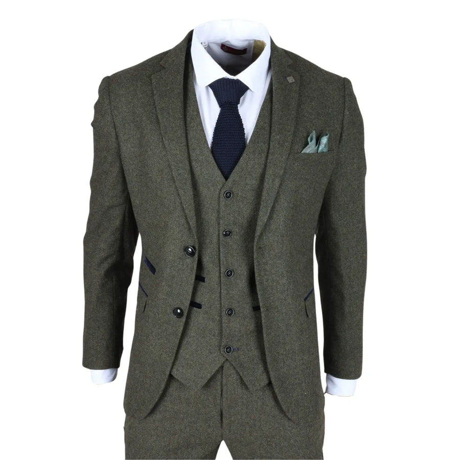 Oscar - Traje de tweed de mezcla de lana verde oliva de 3 piezas para hombre - Paul Andrew - 1