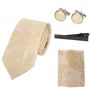 Paisley Neck Tie Gift Set Pocket Square Cuff Links Floral Satin - Cream - Paul Andrew - 30