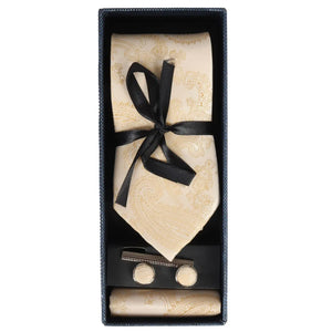 Paisley Neck Tie Gift Set Pocket Square Cuff Links Floral Satin - Cream - Paul Andrew - 31