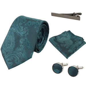 Paisley Neck Tie Gift Set Pocket Square Cuff Links Floral Satin - Green - Paul Andrew - 27