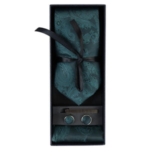 Paisley Neck Tie Gift Set Pocket Square Cuff Links Floral Satin - Green - Paul Andrew - 29