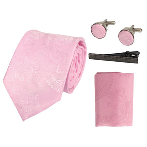 Paisley Neck Tie Gift Set Pocket Square Cuff Links Floral Satin - Pink - Paul Andrew - 37