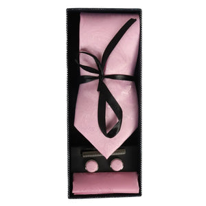 Paisley Neck Tie Gift Set Pocket Square Cuff Links Floral Satin - Pink - Paul Andrew - 38