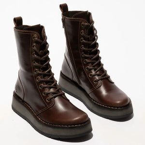 RAMI043FLY - Women's Wedge Heel Lace Up Leather Ankle Boots - Brown - Fly London - 6