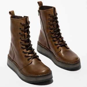 RAMI043FLY - Women's Wedge Heel Lace Up Leather Ankle Boots - Camel - Fly London - 10