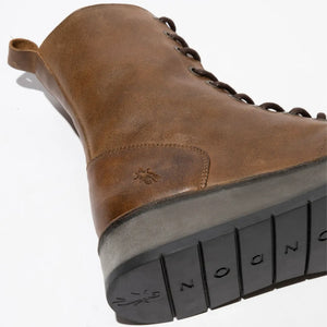 RAMI043FLY - Women's Wedge Heel Lace Up Leather Ankle Boots - Camel - Fly London - 12