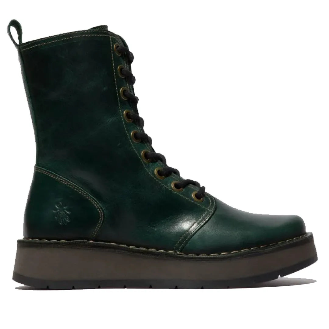RAMI043FLY - Women's Wedge Heel Lace Up Leather Ankle Boots - Green - Fly London - 1
