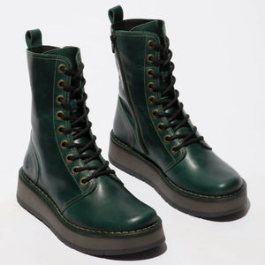RAMI043FLY - Women's Wedge Heel Lace Up Leather Ankle Boots - Green - Fly London - 2