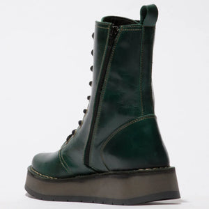 RAMI043FLY - Women's Wedge Heel Lace Up Leather Ankle Boots - Green - Fly London - 3